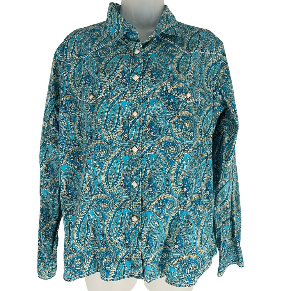Panhandle Slim Western Shirt Size Large Turquoise Paisley Snap Front